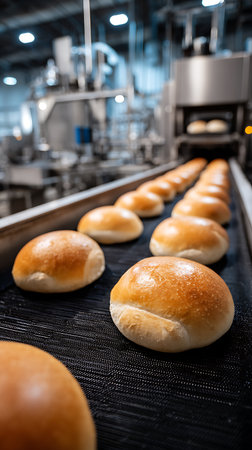 Close-up of freshly baked bread rolls on a black industrial conveyor belt. Rolls are moving from the oven to cooling. Food industry production setting.の素材