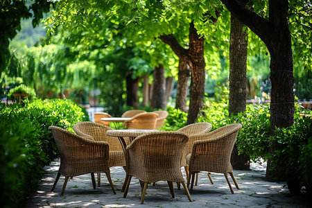 Tranquil outdoor scene showcasing wicker chairs and a small table arranged under a canopy of vibrant green trees. Lush bushes create a serene, secluded atmosphere.の素材
