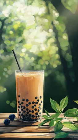 A refreshing glass of iced milk tea filled with tapioca pearls, placed on a wooden surface with leaves and a serene forest background. The drink features a black straw.の素材