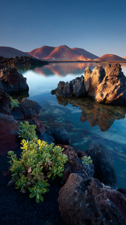 A tranquil view of Lanzarote, showcasing volcanic rocks, serene water reflecting reddish mountains, and thriving greenery. The sky is a clear blue gradient.の素材