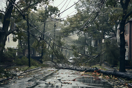 A residential street is severely impacted by a storm with fallen trees and broken power lines blocking the roadway. The scene is wet and chaotic following a powerful storm.の素材