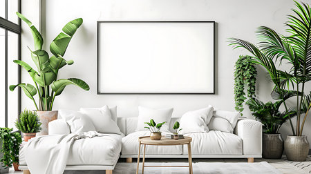 A bright minimalist living room featuring a large white sofa, a blank picture frame on the wall, a small table, and several thriving, green houseplants.の素材