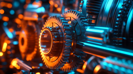 Close-up shot showcasing shiny metallic gears with intricate teeth, dramatically lit by contrasting orange and blue lights, creating a high-tech and industrial aesthetic.の素材