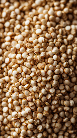 Close-up captures an abundance of raw white quinoa, filling the frame. The tiny seeds are a creamy white color and packed tightly together, showing a food texture.の素材