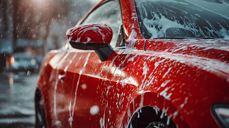 Close-up of a bright red car being cleaned, covered with soapy white foam. Rain streaks blur the background, focusing on the shiny, freshly cleaned automobile surface.の素材