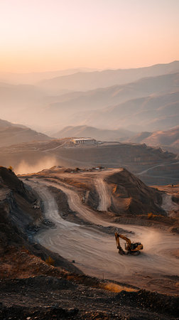 Wide shot captures an excavator at work in a vast quarry, nestled within rolling mountains under a hazy sunrise. A building sits on the upper level of quarry.の素材