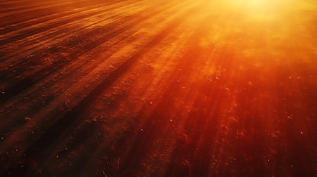 Image shows golden light streaming over a textured field. Furrows create lines, while dust motes dance in the air, enhancing the warm glow of the sunset.の素材
