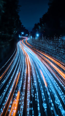 Digitally rendered image displays streaking lights along a road. Binary data flows into the distance along the highway in a digital nightscape, artificial intelligence.の素材