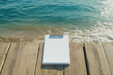 Eye-level close-up view of a white blank clipboard laying on an old wooden pier. Ocean waves approach the pier in the background, creating a calm workspace scene.の素材
