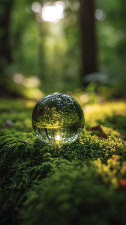 A crystal ball sits perfectly on a vibrant bed of moss, reflecting the inverted forest landscape. Sun shines, casting highlights in the glass and moss textures.の素材