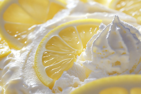 High-angle close-up displays lemon slices surrounded by cream or topping. The bright lighting and shallow depth of field enhance the dessert-like quality and texture.の素材