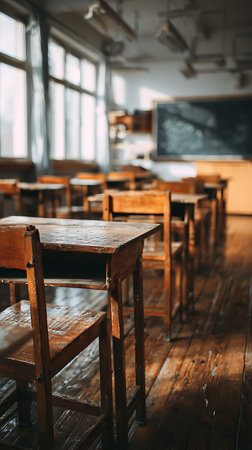 Captures an empty school classroom with aged wooden desks, worn wooden floors, and a blurry blackboard in the background, illuminated by natural window light.の素材