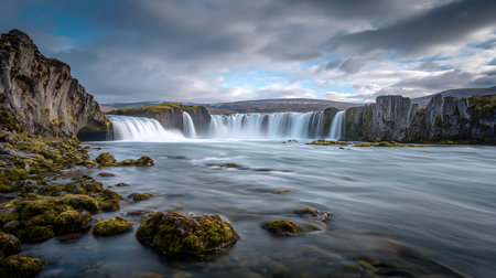 Godafoss waterfall powerfully flows through the Icelandic landscape. Moss covered rocks appear in the foreground under a cloudy and dramatic sky, showing Nordic beauty.の素材