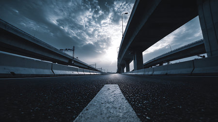 A captivating low-angle perspective captures an asphalt road marked by a crisp white line, overshadowed by towering overpasses against a sky filled with dramatic, cloudy formations.の素材