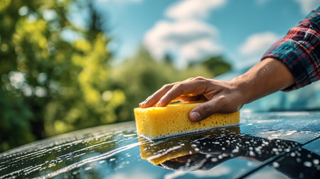 Close-up shot of a person washing a dark car's hood with a yellow sponge and soapy water, wearing a red and blue plaid shirt on a sunny day.の素材