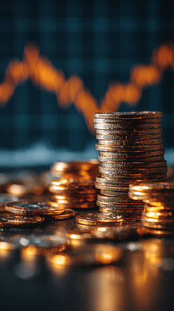 Close-up of stacked golden coins on a reflective surface, with a blurred financial graph in the background. Represents investment, finance, and market trends.の素材
