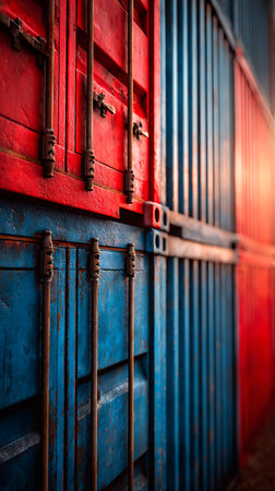 Detailed, close-up shot of stacked shipping containers. Red and blue colors are prominent, showcasing metal lock rods securing the cargo. Evokes industrial strength, logistics, and transport themes.の素材