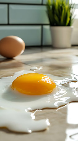 A macro, eye-level shot captures a sunny-side up egg on a kitchen counter, with another egg and greenery subtly blurred in the background near subway tiles.の素材
