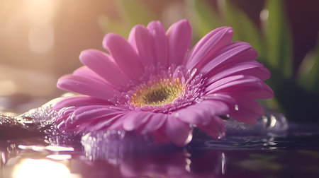 Close-up studio shot reveals a pink gerbera daisy with water droplets, gently resting on the water's surface. Soft sunlight enhances the flower's texture and color.の素材