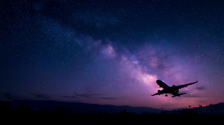 Silhouette of an airplane taking off into the night sky, dramatically lit by the Milky Way galaxy. Ground silhouettes include mountains and trees against the colorful sky.の素材