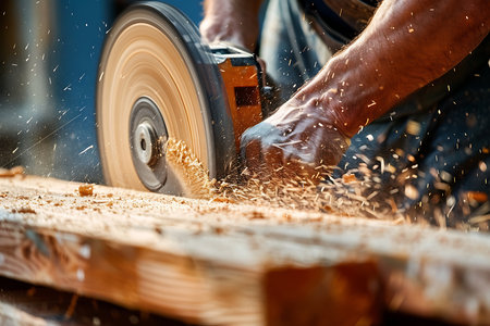 Detailed close-up captures a carpenter's hands using a circular saw to cut wood. Sawdust flies as the blade makes contact, highlighting the precision and power involved.の素材