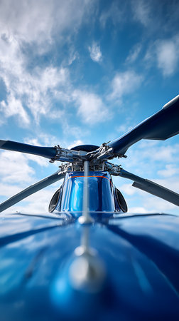 Low angle view showcases a bright blue helicopter's rotor blades against a partly cloudy blue sky. Shiny body with mechanical details visible on the blade hub.の素材