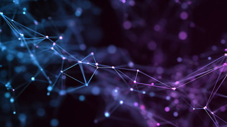 Depicts an abstract, connected network of blue and purple hues. Lines connect nodes, creating a sense of depth against a blurred, bokeh-filled backdrop.の素材