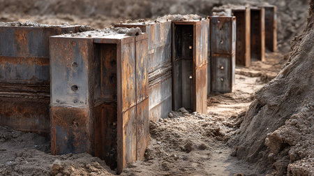 Multiple rusty metal trench boxes stand next to a dirt pile. The trench boxes are square and arranged in a row, surrounded by loose earth and soil.の素材