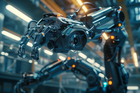 Detailed close-up showcasing an advanced industrial robotic arm and hand in a factory setting. Metallic design with orange accents, displaying cutting-edge technology and precision engineering.の素材