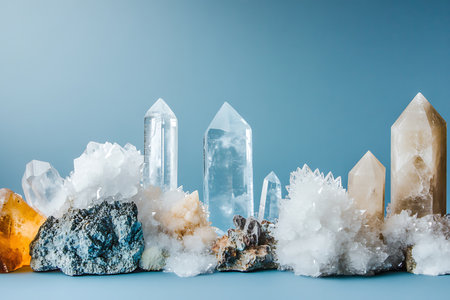 This image features a collection of various crystals, including quartz points, calcite clusters, and mineral formations, all displayed against a calm blue background.の素材