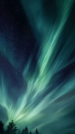 A captivating image showcases the mesmerizing green Aurora Borealis, streaking across a starry night sky above silhouetted pine trees. The Northern Lights dance gracefully.の素材