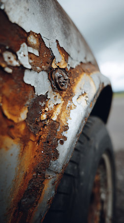 Extreme close-up of a severely decayed car fender. Layers of peeling white paint reveal deep rust underneath. A bolt head protrudes from the rusted metal. The car's tire is slightly blurred.の素材