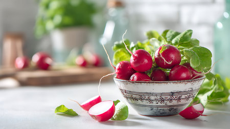 Close-up of fresh red radishes with green leaves arranged in a patterned bowl. Two radishes are sliced open, revealing a crisp white interior. Soft, diffused lighting.の素材