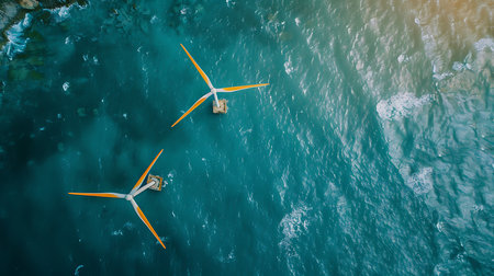A top-down view reveals two wind turbines standing firmly in the turquoise ocean, generating clean energy. The waves reflect light, creating shimmering textures.の素材