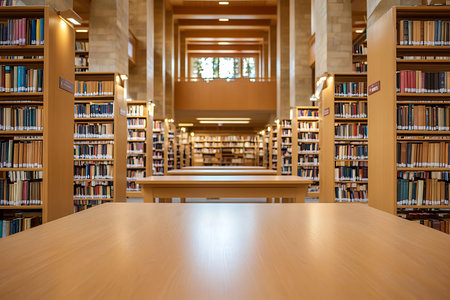 Wide shot of a serene library, showcasing wooden tables and towering book shelves filled with colorful books. The warm lighting creates an inviting space for study.の素材