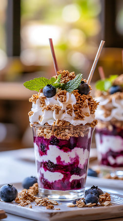 Delicious layered blueberry parfait in a glass. It has layers of blueberries, yogurt, granola, and whipped cream, topped with mint and blueberries, served with a straw.の素材