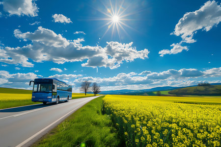 A sleek blue bus travels down a gray asphalt road, bordered by vivid yellow canola fields under a sunny blue sky with scattered white clouds, trees on the horizon.の素材
