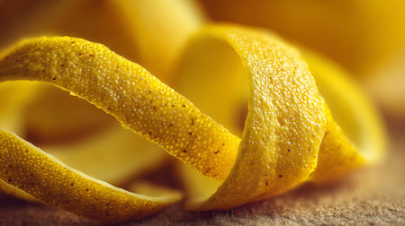 A close-up captures a beautifully curled lemon peel, showcasing its bumpy surface and vibrant yellow hue against a textured backdrop. Perfect for culinary or freshness themes.の素材