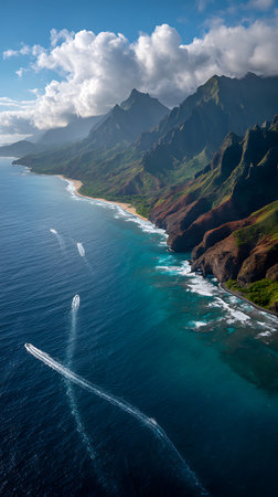 Breathtaking aerial shot of Kauai's Na Pali Coast featuring dramatic cliffs, a sandy beach, and tour boats cruising in the turquoise waters. Clouds surround the mountains.の素材