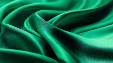 Detailed shot showcasing waves of luxurious emerald green fabric. The texture is visible and creates a smooth, elegant backdrop, highlighting the textile's subtle sheen.の素材