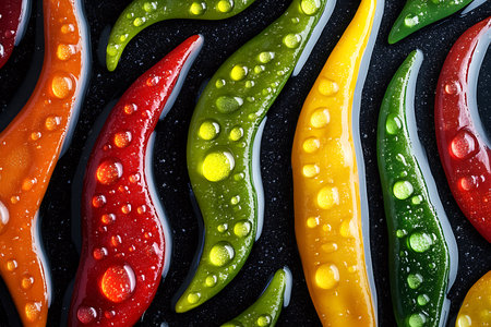 Macro image featuring colorful chili peppers of red, green, orange, and yellow hues. Droplets of water glisten atop each pepper, set against a dark, textured surface.の素材