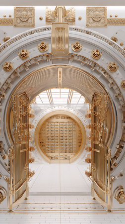 Intricate detail showcases a massive vault door, blending white surfaces with gleaming gold accents. A mesmerizing glimpse into an architectural design that embodies luxury and security.の素材
