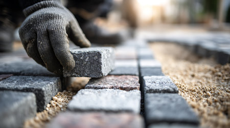 Close up shot showcasing a worker's gloved hand placing a stone paver block into position on a pathway, set in a bed of sand, during landscaping construction.の素材