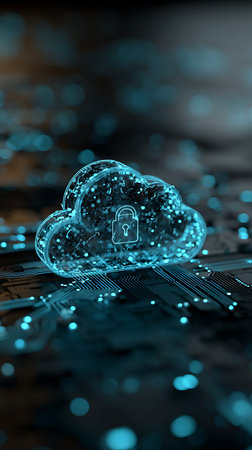 Luminous teal cloud icon with a padlock stands on a dark, textured circuit board. Digital data security and cybersecurity concepts emphasized in this macro image.の素材