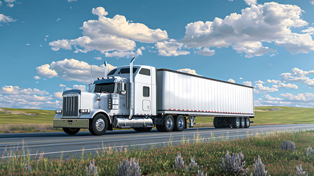 A classic white semi-truck with a trailer is seen driving on a highway through a grassy landscape, under a vibrant blue sky with fluffy white clouds.の素材