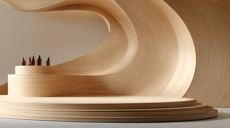 Featuring amber glass bottles displayed on a tiered wood platform with an elaborate, artistic wooden background. Perfect for cosmetic or pharmaceutical product showcasing.の素材