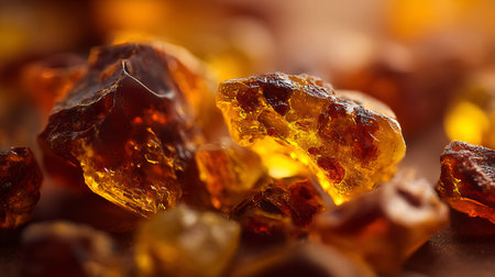 Detailed macro image showing several pieces of raw amber. The translucent, jagged stones display warm orange and reddish hues with light refracting through the natural formations.の素材