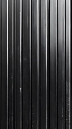 This image features a dark, corrugated metal wall with vertical stripes. The metal has a glossy finish, reflecting light and adding dimension to the background.の素材