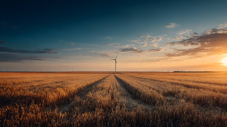 Scenic view of wind turbines stretching to the horizon amid golden wheat. Warm sunset hues color the sky, creating a beautiful renewable energy landscape.の素材