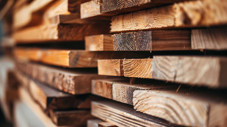 Close-up shot featuring neatly stacked lumber boards, highlighting the rich wood grain, texture, and the natural beauty of the materials. Construction and woodworking resource.の素材